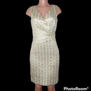 Lauren Ralph Lauren Metallic Gold Geometric Sheath Dress NWOT Surplice Bodice